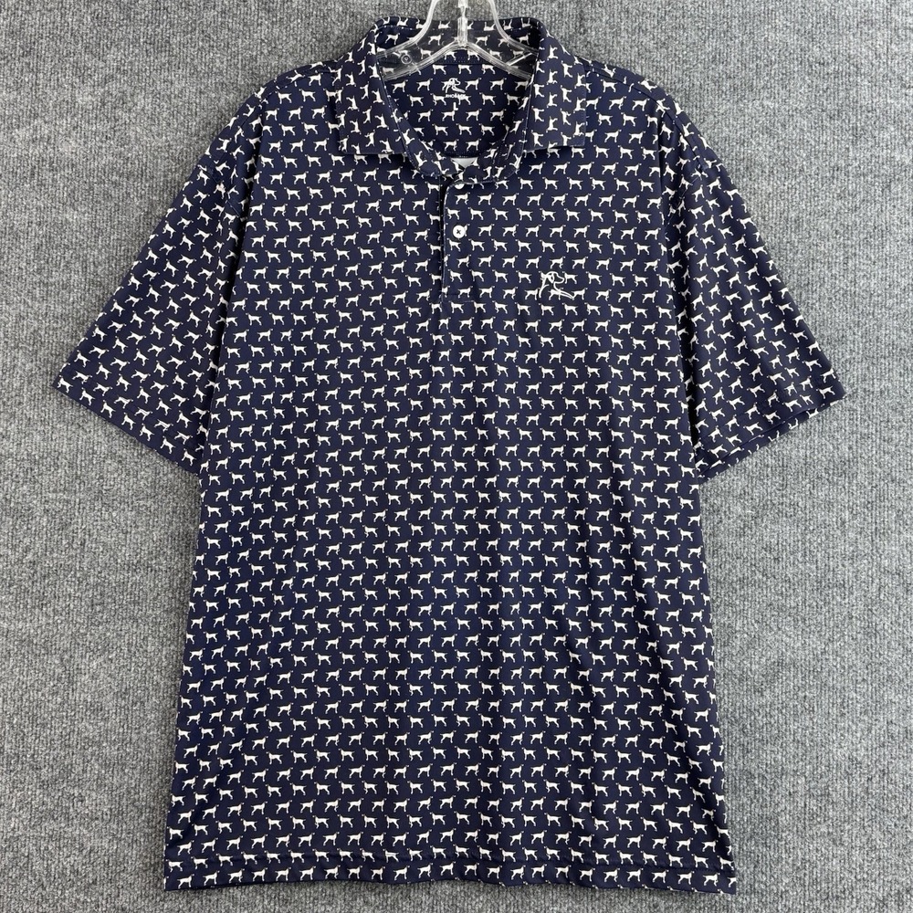 Rhoback Performance Polo Shirt Men's L Navy English Pointer Dog Print Golf Stret